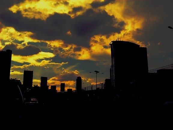 yellow, dusk, city, buildings, night