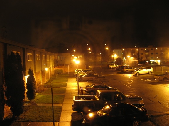 housing, parking lot, night