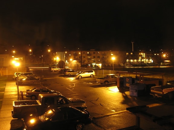 urban, housing, parking lot, cars, night