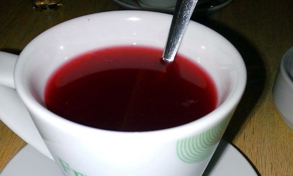 pinkish, tea, drink, mug, table