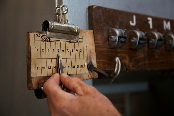 placa de madeira, números, velho, vintage