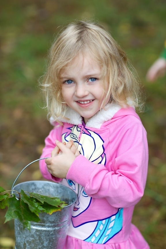 cute, blonde, young girl, collects, acorns, leaves, bucket