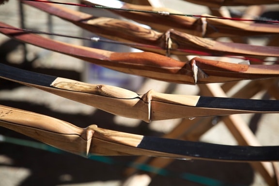 traditional, wooden, bows, rack