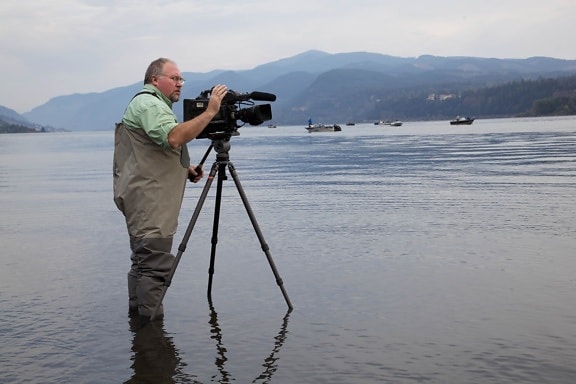 videographer, television, nature, river, coast