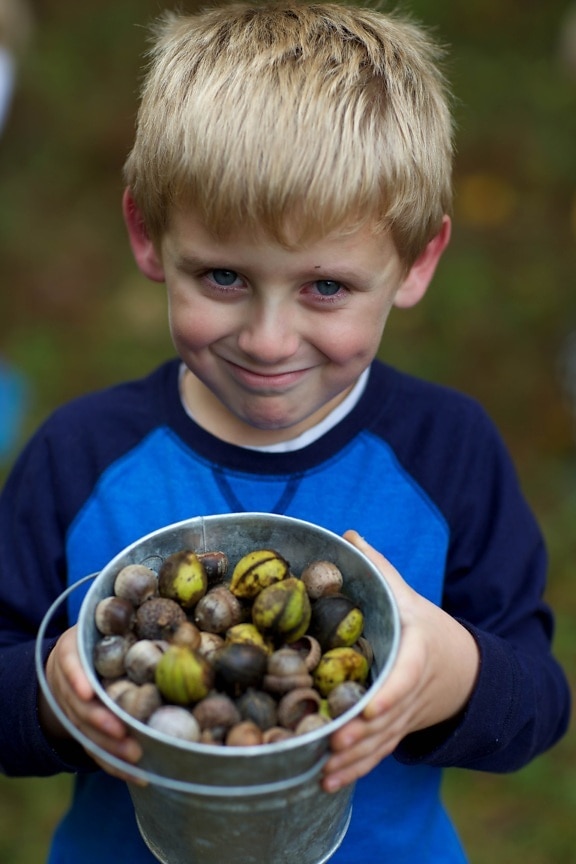 young boy, proudly, displays, pail, acorns