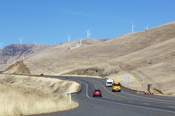 highway, wind turbines, cars, road