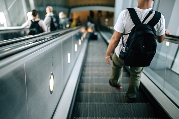escalator, luggage, people, technology, travel, backpack