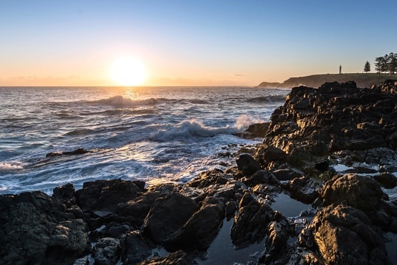 rocks, sea, seashore, sunset, water, wave, coast, landscape