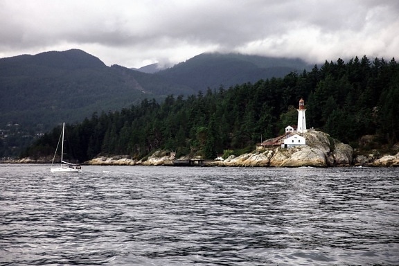 lighthouse, mountain, boat, coast, island, rocky, sea, seashore, water