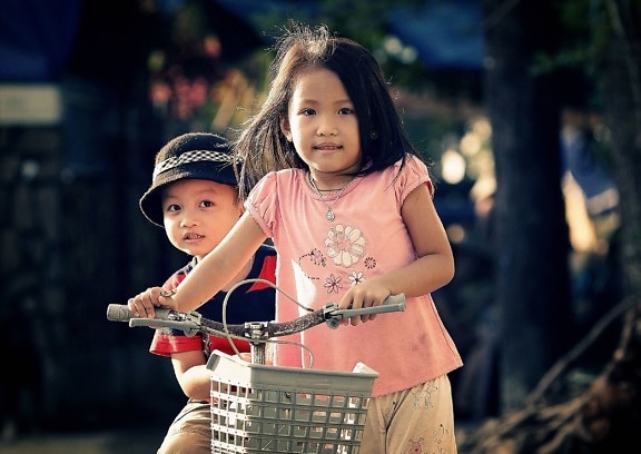 bicycle, boy, child, girl, happy kids, together, young children