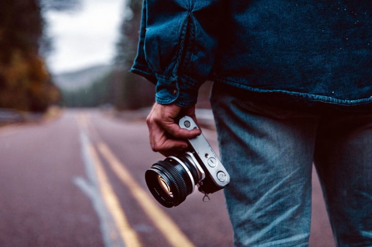 fotokamera, landskab, linse, mand, vej, photographerg, rejser