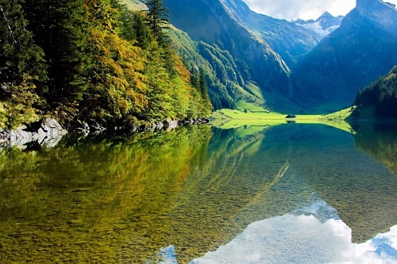landscape, mountain,  nature, lake, reflection, river, rock, woods