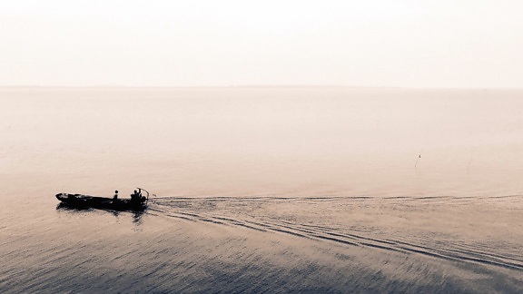 boat, fog, horizon, lake, man, mist, motorboat, ocean