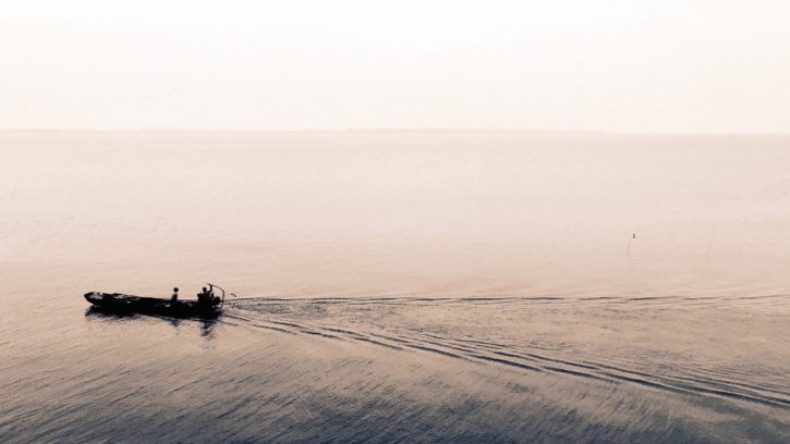 bateau, brouillard, horizon, lac, homme, brume, bateau, océan