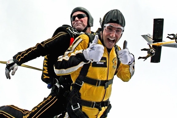 skydivers, jumpsuit, men, extreme sport, skydiving, tandem, adrenaline, jumpsuit, exhilaration, excitement