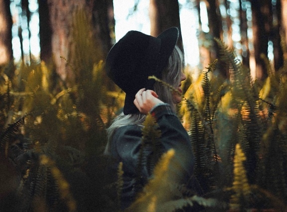 trees, woman, forest, girl, hat, person