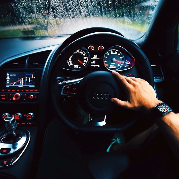 automobile, car dashboard, driver, smartwatch, speedometer, steering wheel