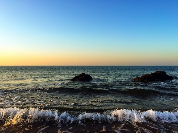 ocean, rocks, sea, sky, sunrise, beach, water, waves