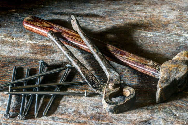rusty tools, hammer, nails, hand tool