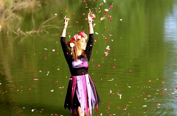 flower, crown, girl, lake, model, person, river, water, beautiful, confetti