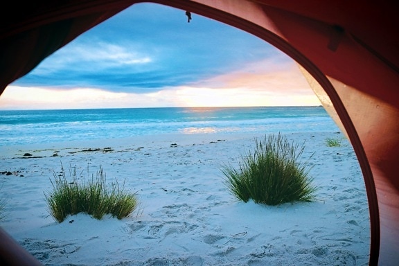 beach, tent, sad, sea, seascape, seashore