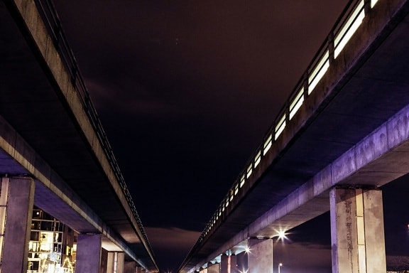 under bridge, city, lights, road, architecture