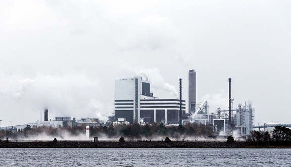 factory, industrial town, industry, sky, smog, smoke, steam, technology, water
