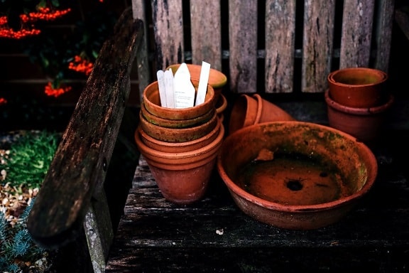 ceramic pots, rustic, old wooden bench