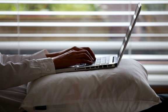 laptop, pillow, window, computer, hands