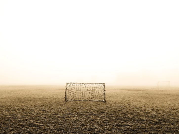 поле, мъгла, футбол, цел, трева, мъгла, нето, футбол, спорт