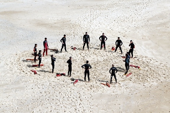 footprints, group, lifeguards, people, recreation, sand, seashore, training