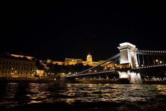 мост, нощ, отражение, река, град, град, пътуване, сграда, капитал, замък