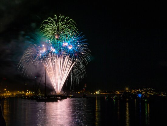fireworks, lights, night, river, water, celebration, city, dark, festival