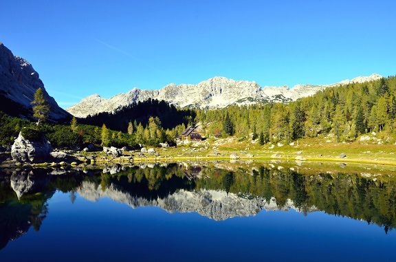 mountain, water, wood, reflection, boulder, daylight, lake