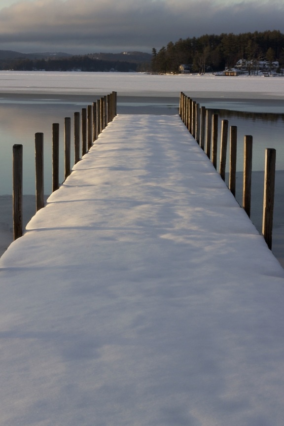 winter time, docks, water, lake, winter, snow, ice, clouds