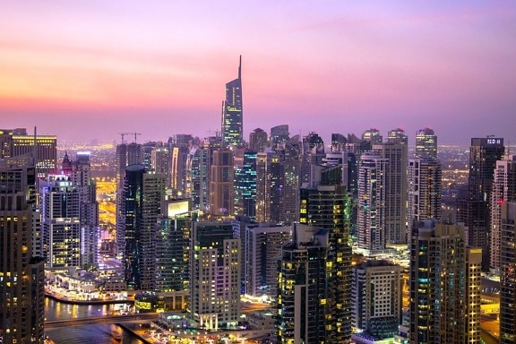 arquitectura, edificios, ciudad, luces, torre, urbano, rascacielos, céntrico, Dubai