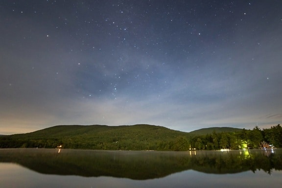 lake reflection, water, stars, night, clouds, mountains, water