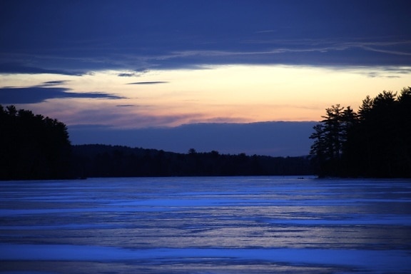 frozen lake, blue ice, night, winter, ice, clouds
