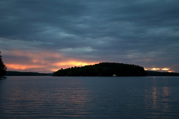 island, night, lake, sunset, dark blue sky