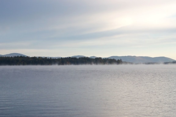 mlha, mlha, jezero, scénický, jezero, mlha, stromy, mraky
