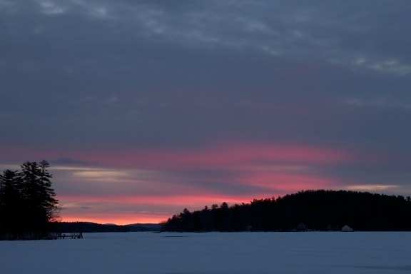 winter sunset, dawn, lake, ice, winter, sunset, clouds, trees