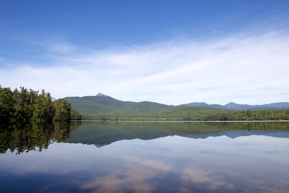 water reflection, park, blue sky, white cloud, lake, water, mountains, clouds, trees