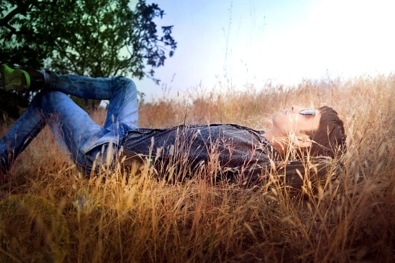 boy, laying down, Sun, looking up, grass