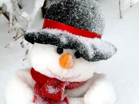 boneco de neve, rosto, chapéu preto, neve