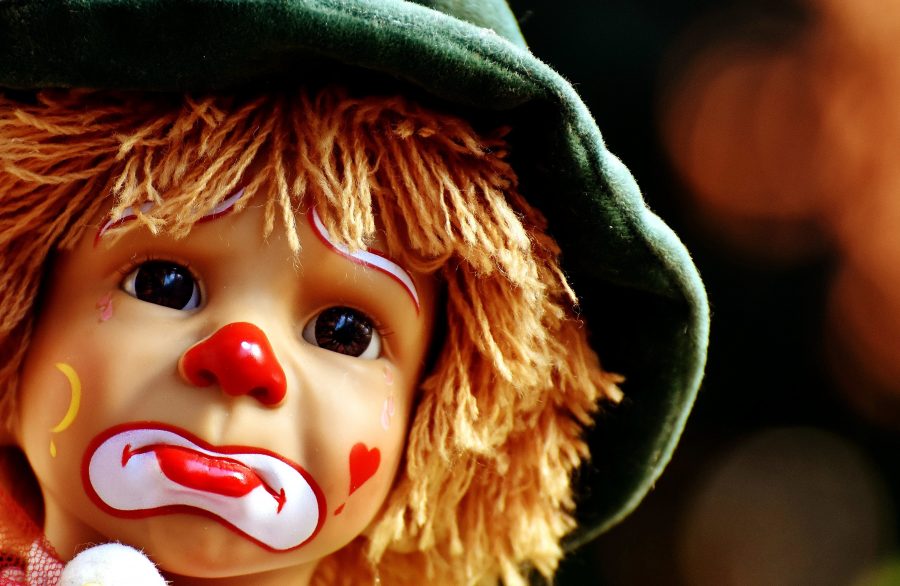 buồn clown, khuôn mặt, búp bê, đồ chơi, gương điển hình