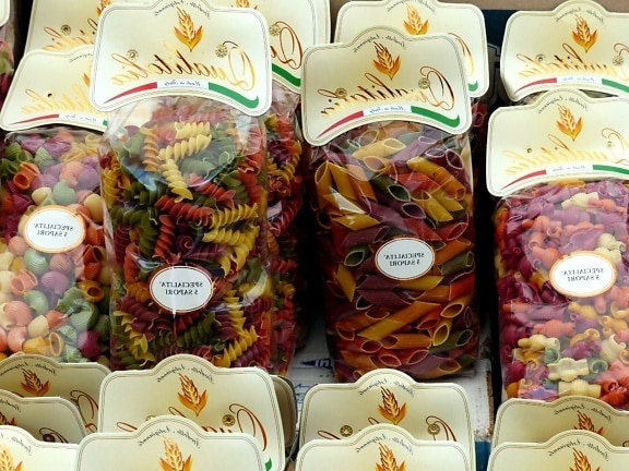 bags, colorful pasta, food