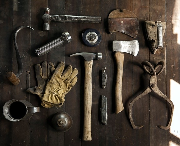 hatchet, carpenter tools, scissors, pliers, retro, old