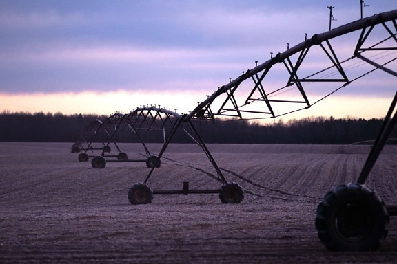field, sunset, watering wheels, irrigation, spraying