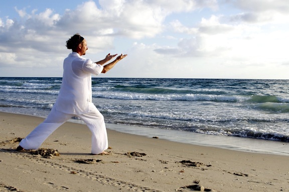 hombre, blanco, praticing tai chi, playa