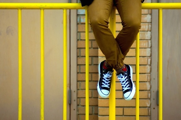 yellow metal fence, sneakers shoes, street, fashion